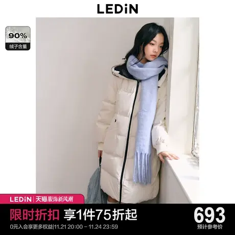 乐町韩系运动风面包羽绒服冬季新款撞色抽绳中长款连帽羽绒服图片