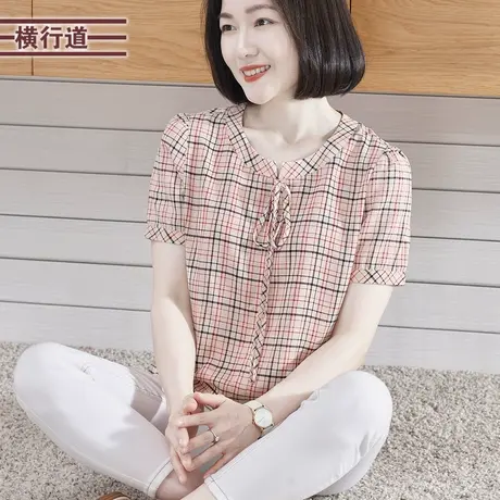 2024夏季新款韩版甜美圆领蝴蝶结格子宽松短袖雪纺衫女装外穿上衣图片