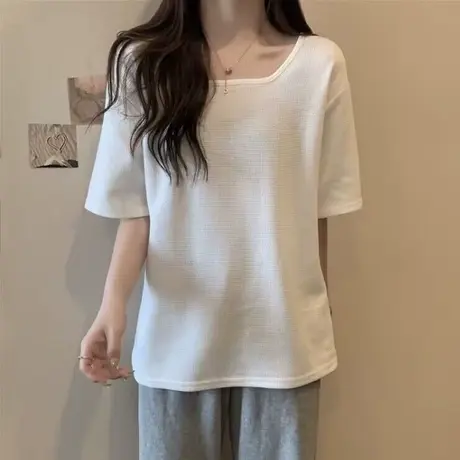 纯色简约短袖T恤女夏季2024新款宽松显瘦洋气百搭华夫格方领上衣图片
