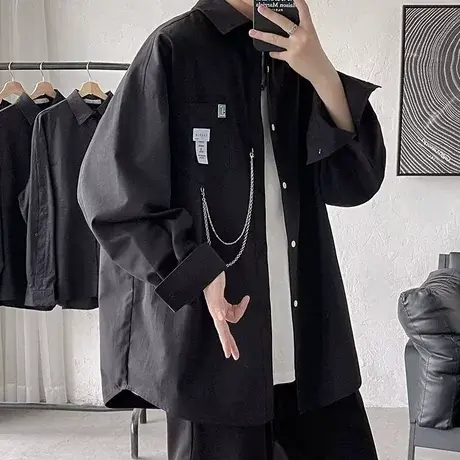 衬衫男长袖春秋ins潮痞帅港风夏季短袖衬衣服潮流潮牌dk制服外套图片