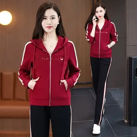 休闲运动服套装女2024春秋新款时尚连帽卫衣外套显瘦直筒裤两件套图片