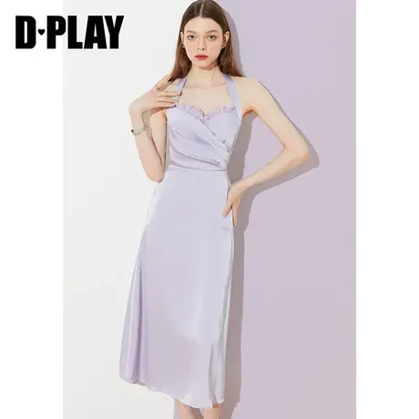 DPLAY夏新款法式优雅香芋紫蕾丝花边抽褶缎面收腰连衣裙图片