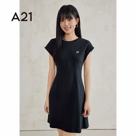 a21女装圆领连肩短袖包臀收腰连衣裙夏季时尚百搭黑色小黑裙子图片