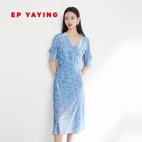 [真丝系列]EP雅莹女装 暖感丝绒V领泡泡袖印花连衣裙 春装4639A图片