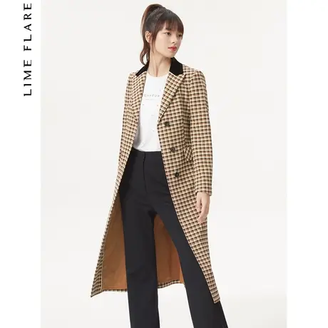 莱茵西装领单排扣格纹系带修身长款女士秋季新款风衣图片