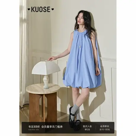 阔色蓝色无袖背心连衣裙女装2025夏季新款娃娃裙别致花苞短裙子图片