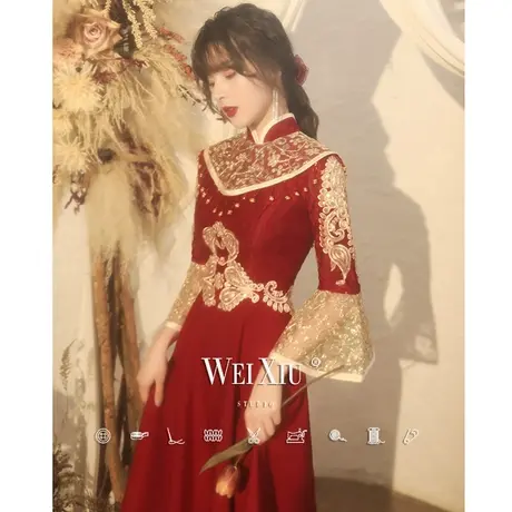 中式敬酒服新娘2024新款秋冬季结婚回门晚礼服小个子中长款中国风图片