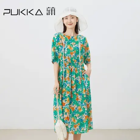 蒲PUKKA 原创设计夏季桑蚕丝法式气质显瘦印花收腰连衣裙图片