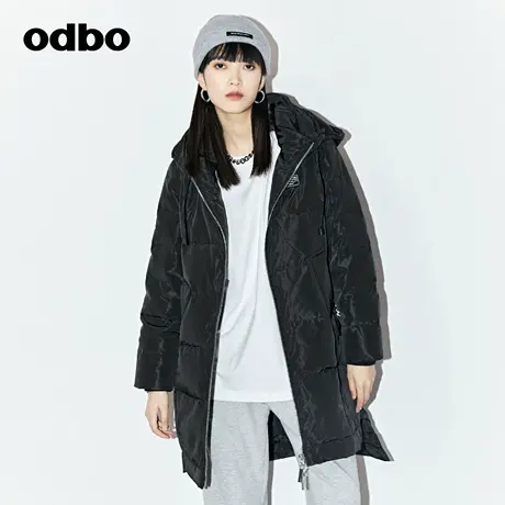 odbo/欧迪比欧高端黑色白鸭绒连帽羽绒服冬季女中长款外套图片