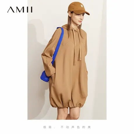 Amii2025夏新款极简纯色连帽抽绳宽松花苞裙卫衣裙加绒连衣裙图片