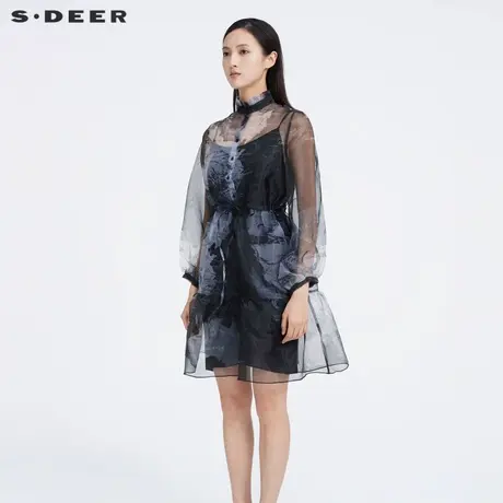 sdeer圣迪奥女装夏季气质印花欧根纱吊带两件套连衣裙S20281219图片