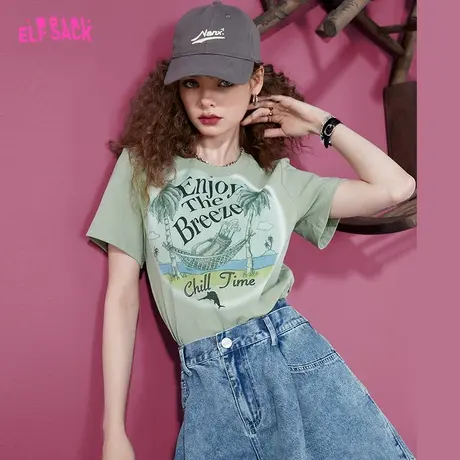 妖精的口袋印花短袖正肩t恤女2023夏季新款复古休闲修身显瘦上衣图片