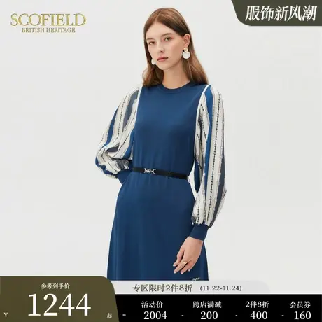 Scofield女装时尚假两件拼接法式复古印花通勤灯笼袖连衣裙图片