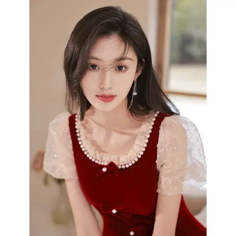 敬酒服新娘夏季酒红色高级感在逃公主结婚订婚回门礼服连衣裙钉珠图片