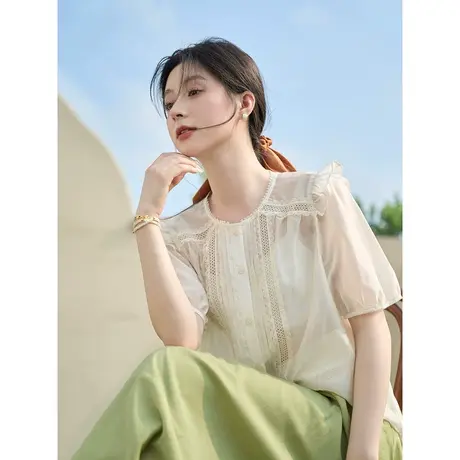 茵曼减龄圆领小飞袖衬衣2023夏女装新款蕾丝花边拼接门襟短袖上衣图片
