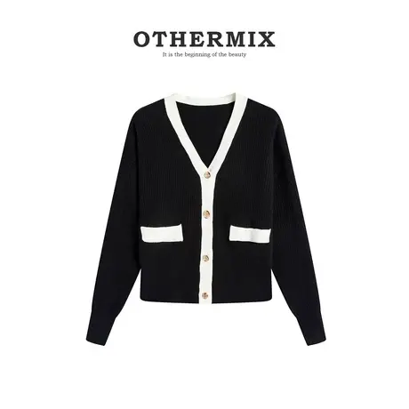 othermix V领针织衫女2024春秋新款宽松百搭休闲短款开衫针织上衣商品大图
