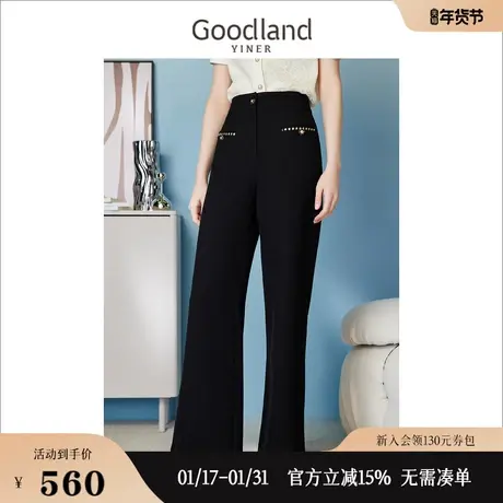 【山茶花系列】Goodland美地女装夏季织带阔腿休闲裤图片
