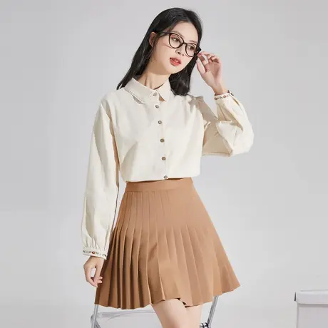 唐狮长袖衬衫女春秋新款法式甜美刺绣衬衣蕾丝叠穿内搭上衣图片