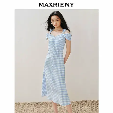 【奥莱】MAXRIENY优雅复古感蓝白格纹烫钻连衣裙甜美裙子图片