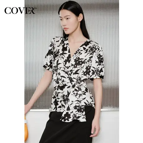 COVER夏季绒面缎印花褶皱抗皱衬衫图片