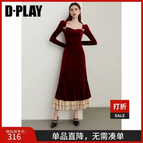 DPLAY2025春季新款法式方领丝绒红色连衣裙女订婚礼服长裙长袖图片
