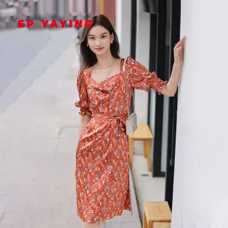 [真丝系列]EP雅莹女装 印花木耳边收腰连衣裙 春装商场同款4630A图片