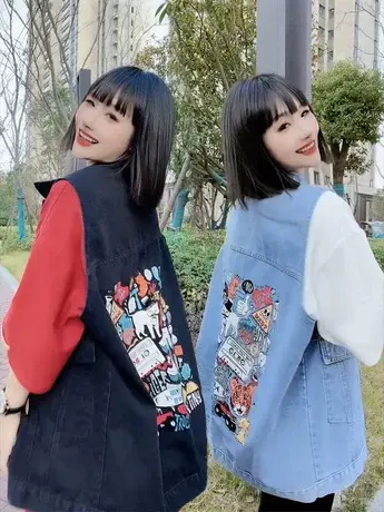 韩版宽松欧货印花牛仔马甲女春秋款时尚百搭外穿坎肩休闲背心外套图片