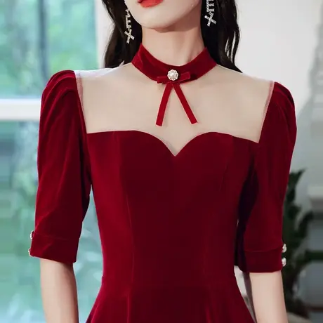 敬酒服新娘夏季酒红色平时可穿结婚订婚回门礼服连衣裙小个子丝绒图片