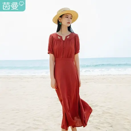 茵曼2023夏装新款绣花领圆扣收折高腰自然垂感复古风短袖连衣裙图片