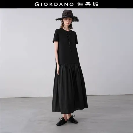设计师款佐丹奴小黑裙女极简风假两件拼接圆领短袖连衣裙18465922图片