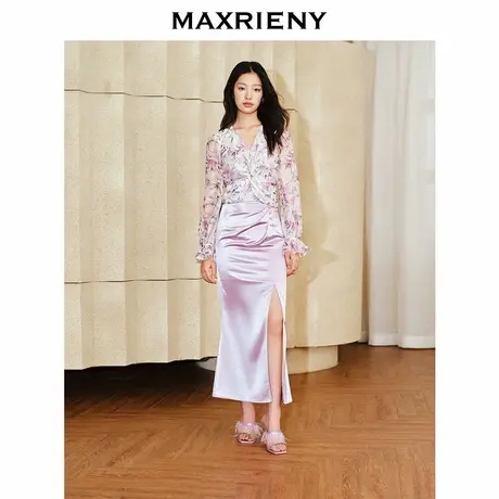 【奥莱】MAXRIENY优雅复古感抽褶缎面半裙鱼尾开衩半身裙子图片