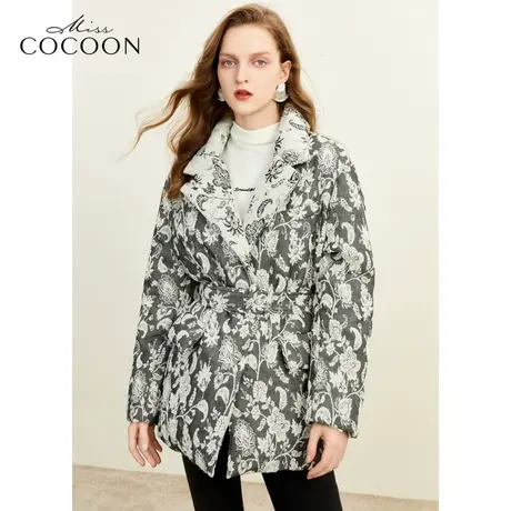 MissCOCOON中长款翻领外套2023年冬新款气质灰白提花西装式羽绒服图片