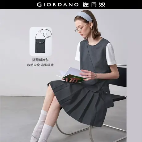 设计师款佐丹奴裙子女新款假两件配斜跨包圆领百褶连衣裙18465523图片
