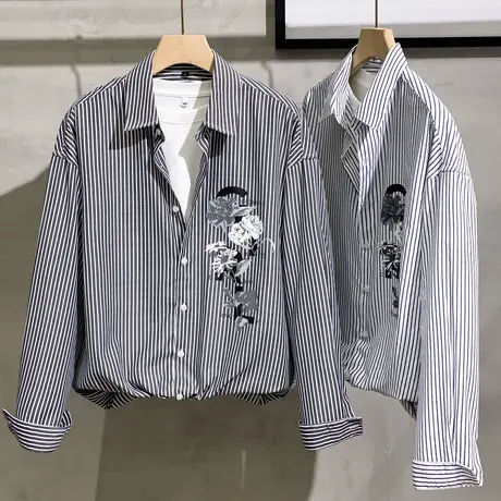 高级感长袖衬衫男秋季薄款潮港风休闲寸衫外套男装上衣服印花衬衣图片