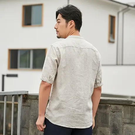 亚麻短袖衬衫夏季薄款男上衣休闲寸衣宽松立领棉麻男士白色衬衣潮图片
