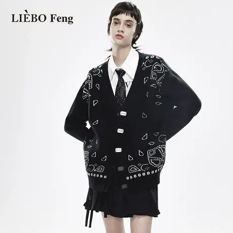 裂帛LIEBOFeng设计师品牌V领高街潮流宽松慵懒风藏肉黑色针织开衫图片
