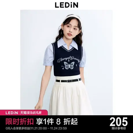 【断码清仓】乐町新品假两件拼接短款上衣秋季女装学院风短袖衬衫图片