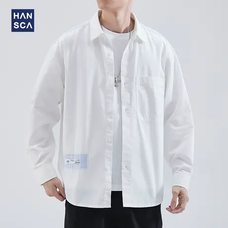 hansca条纹衬衫男高级感青少年春季潮牌拼接休闲痞帅翻领衬衣外套图片