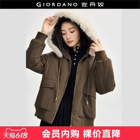 佐丹奴棉衣外套女夹棉保暖可卸仿狐狸毛领连帽棉服夹克女18374221商品大图