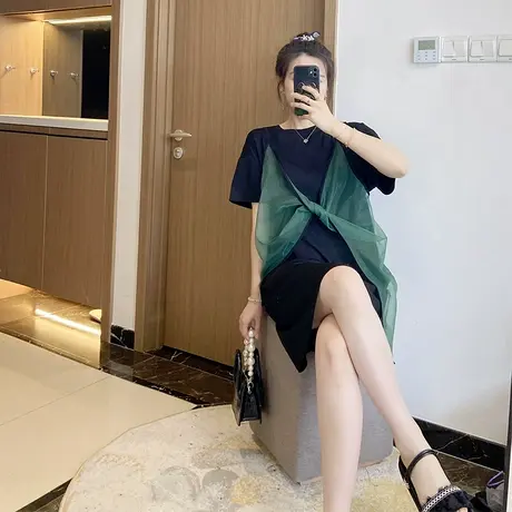 假两件欧根纱绝美连衣裙2022别致惊艳裙子休闲夏天高级感大码胖mm图片
