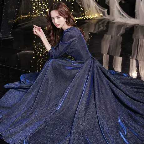 蓝色晚礼服裙女艺考轻奢小众高端年会主持人长袖高级感星空渐变裙图片