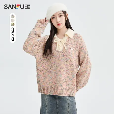 三福毛衣2024春季金属装饰撞色绑带翻领宽松上衣女装480733图片