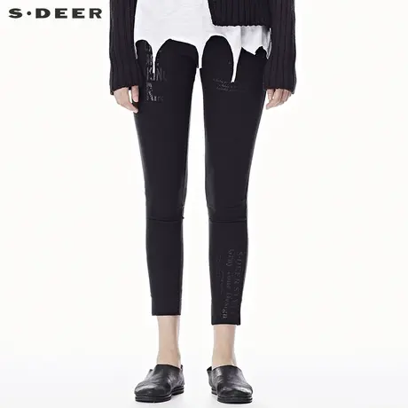 sdeer圣迪奥女装简约酷黑金属光泽字母印胶装饰小脚裤子S17380845图片