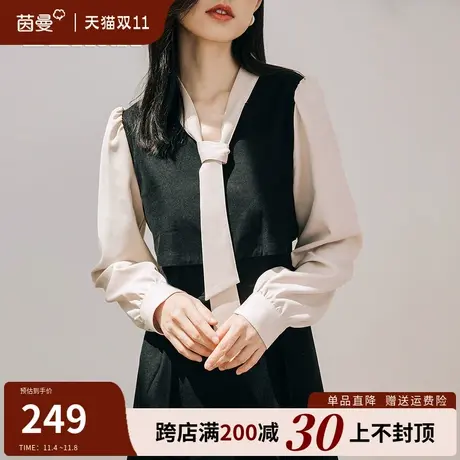 茵曼法式赫本风蝴蝶结连衣裙女2023秋冬新款高级感轻奢气质中长裙图片
