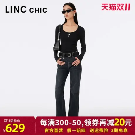 LINCCHIC金羽杰直筒牛仔裤女2023年秋季新款灰蓝色高腰宽松长裤图片