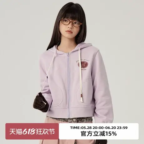 omont蛋挞家 复古印花连帽卫衣开衫2025春季宽松显瘦短款休闲外套图片