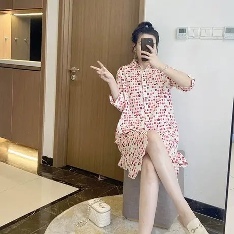 大码女装衬衫连衣裙七分袖2024年新款小清新胖妹妹韩版早秋休闲图片