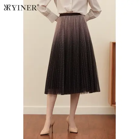 *YINER音儿女装秋季新款中长款网纱A字半身裙图片