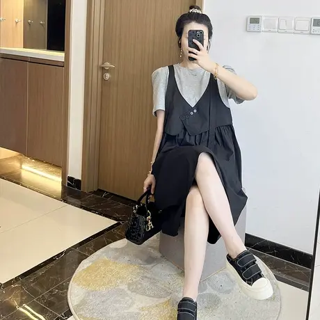 大码胖mm休闲连衣裙女装夏季2023新款宽松遮肚显瘦a字假两件韩版图片