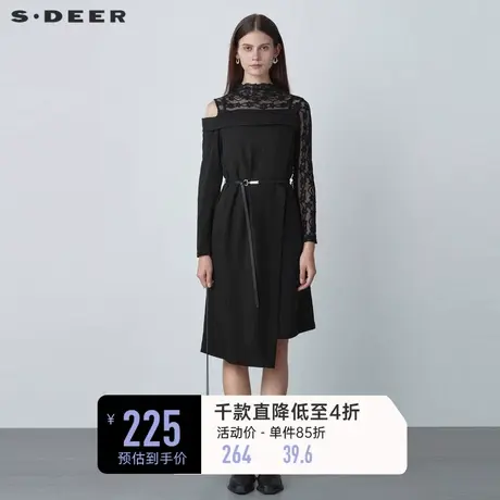 sdeer圣迪奥春秋装圆领蕾丝网纱收腰露肩条纹连衣裙S221Z1274图片